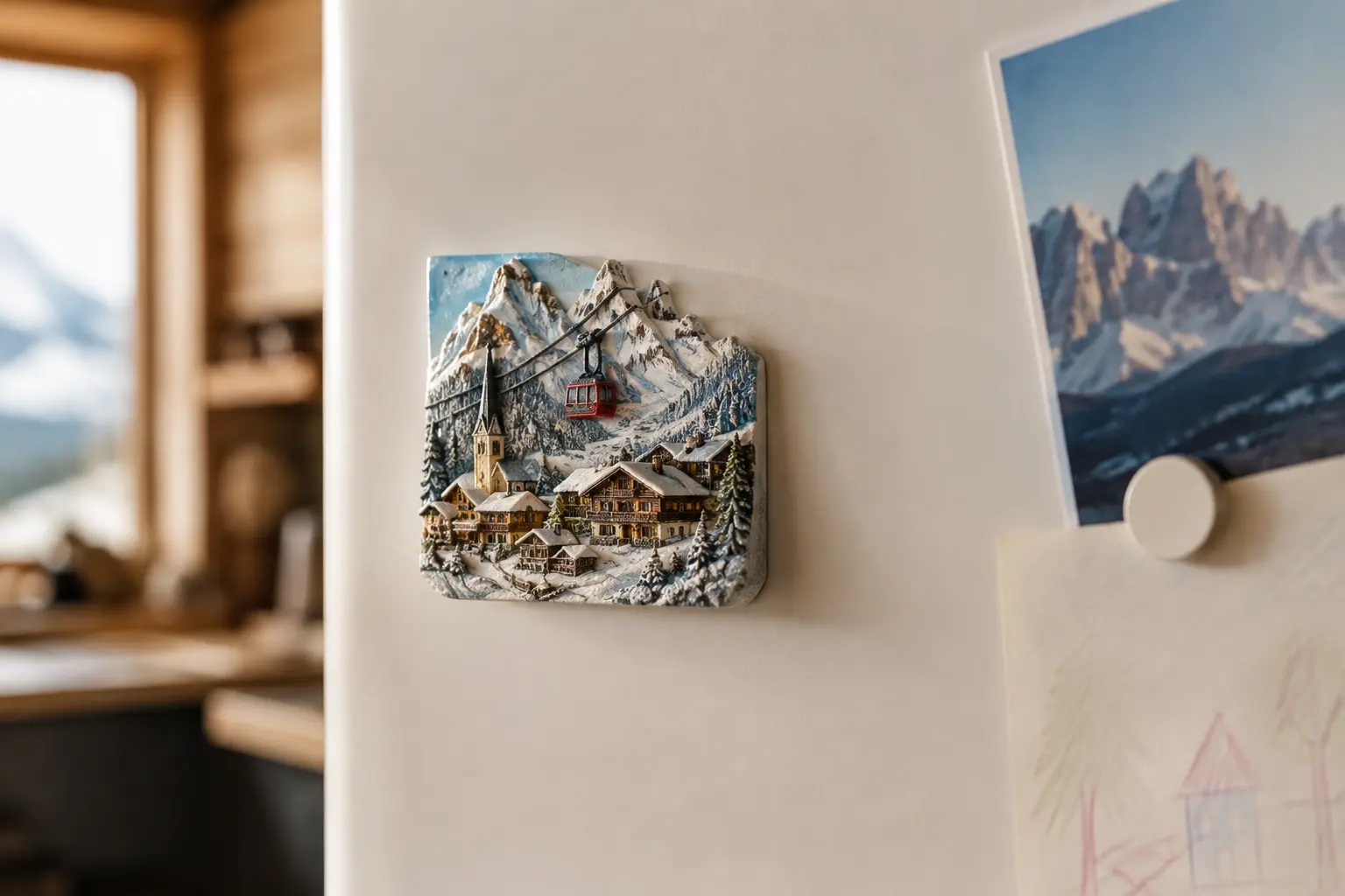 Magnet souvenir représentant un village alpin, posé sur la porte d’un réfrigérateur